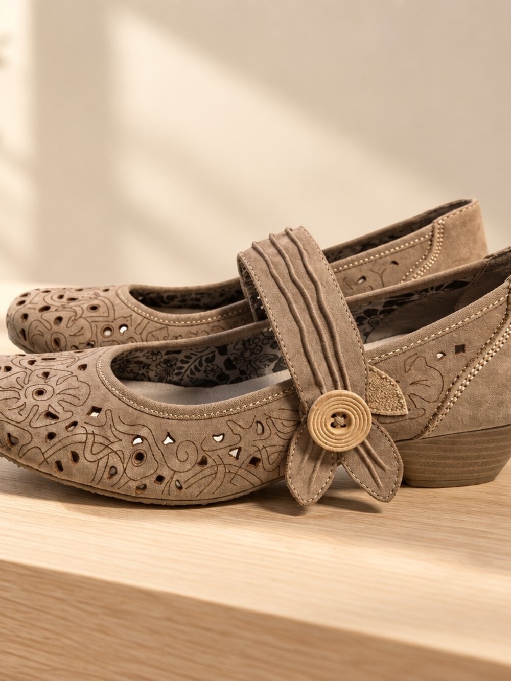 Rieker Taupe Mary Jane Flats with Decorative Button